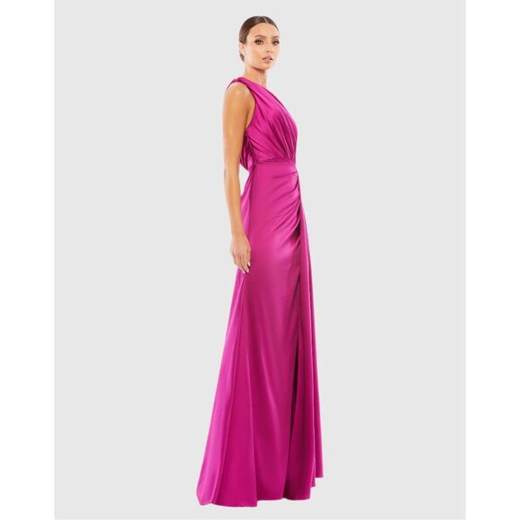 NWT Ieena for Mac Duggal One Shoulder Slit Satin Faux Wrap Maxi Gown Berry Sz 6 - Picture 5 of 13